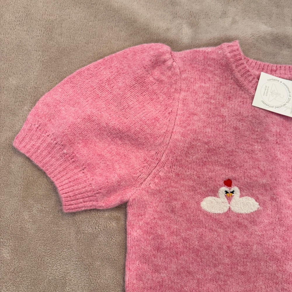 NWT Pink Swan Embroidered Puff Sleeve‎ Novelty Coquette Sweater SZ L - Picture 8 of 9